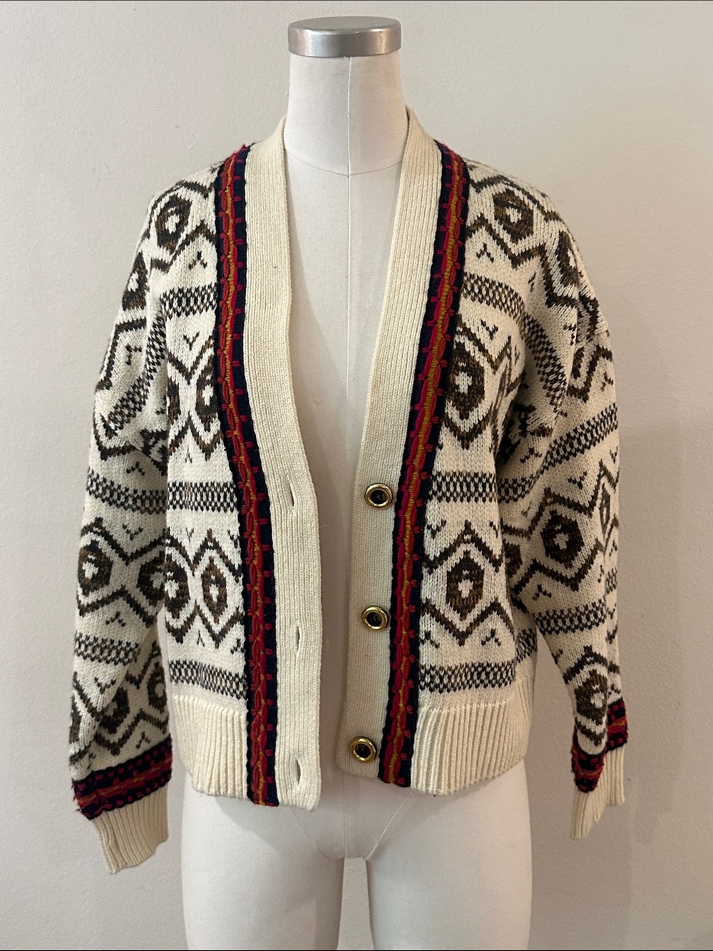 J. Crew Cream & Brown Fair Isle Cardigan with Red Trim